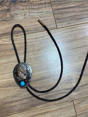 Vintage Silver Bolo Tie with Native American with Turquoise & Red Gem
